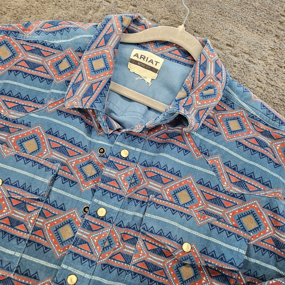 Ariat Western Shirt Mens Large Blue Aztec Pearl Snap Retro Fit Long Sleeve Print